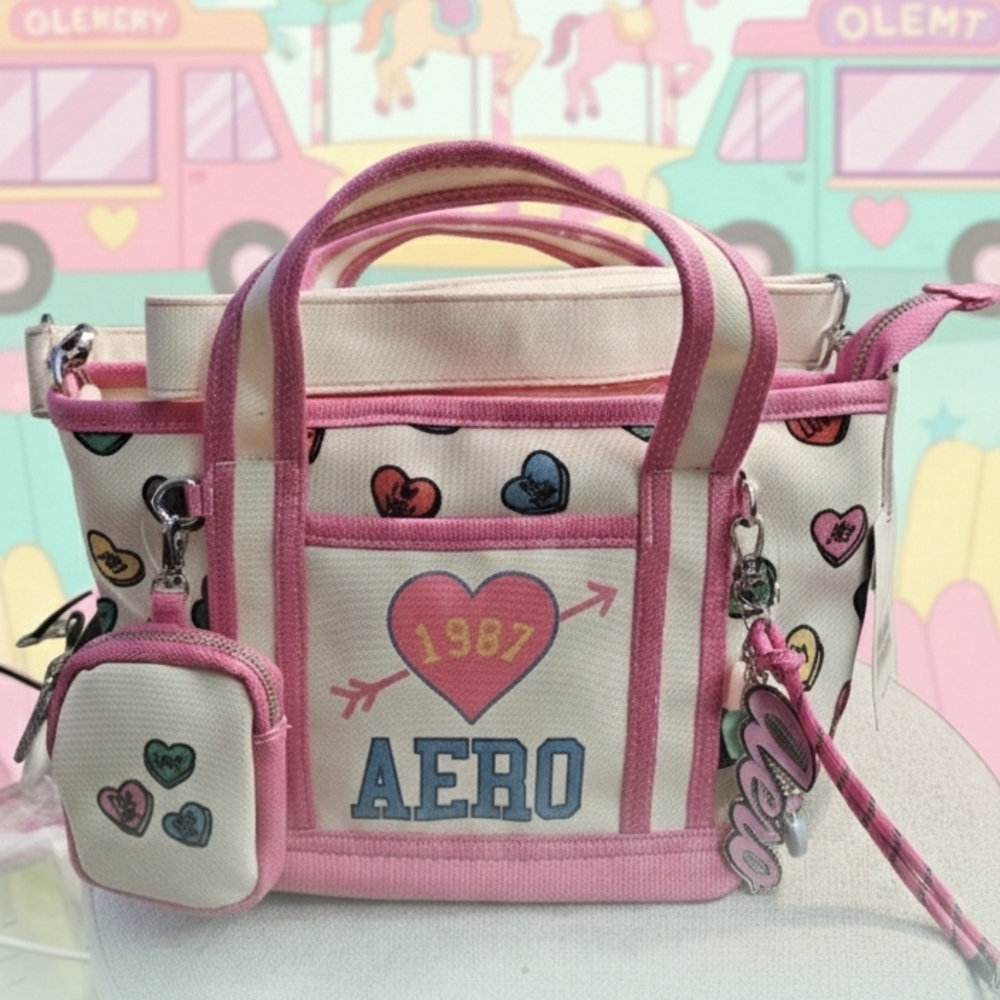 NWT Aeropostale Canvas Pink and Cream Heart Mini Tote Valentines Inspired Gift